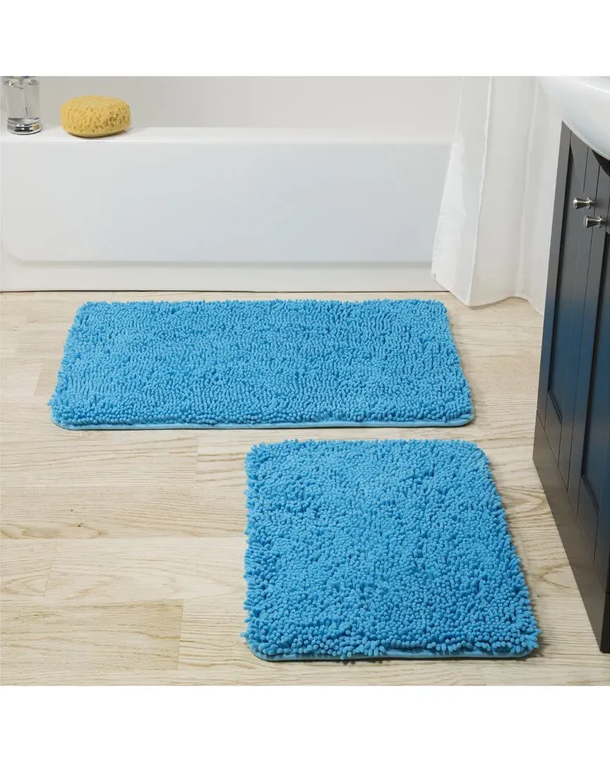 2Pc Memory Foam Shag Bath Mat Set - Blue