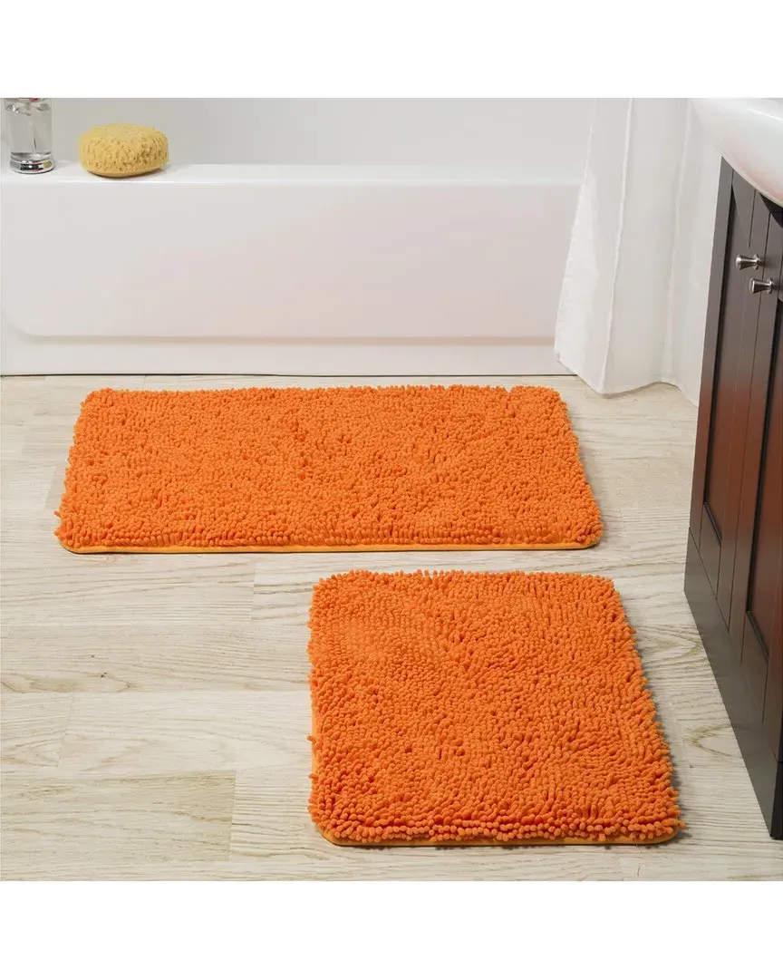 2Pc Memory Foam Shag Bath Mat Set - Orange