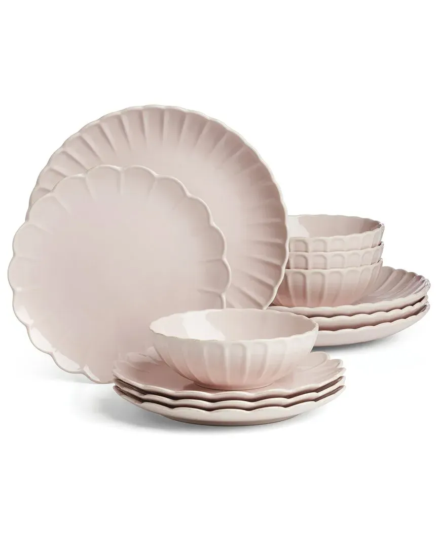 French Perle Scallop 12-Piece Dinnerware Set - Blush, Stoneware