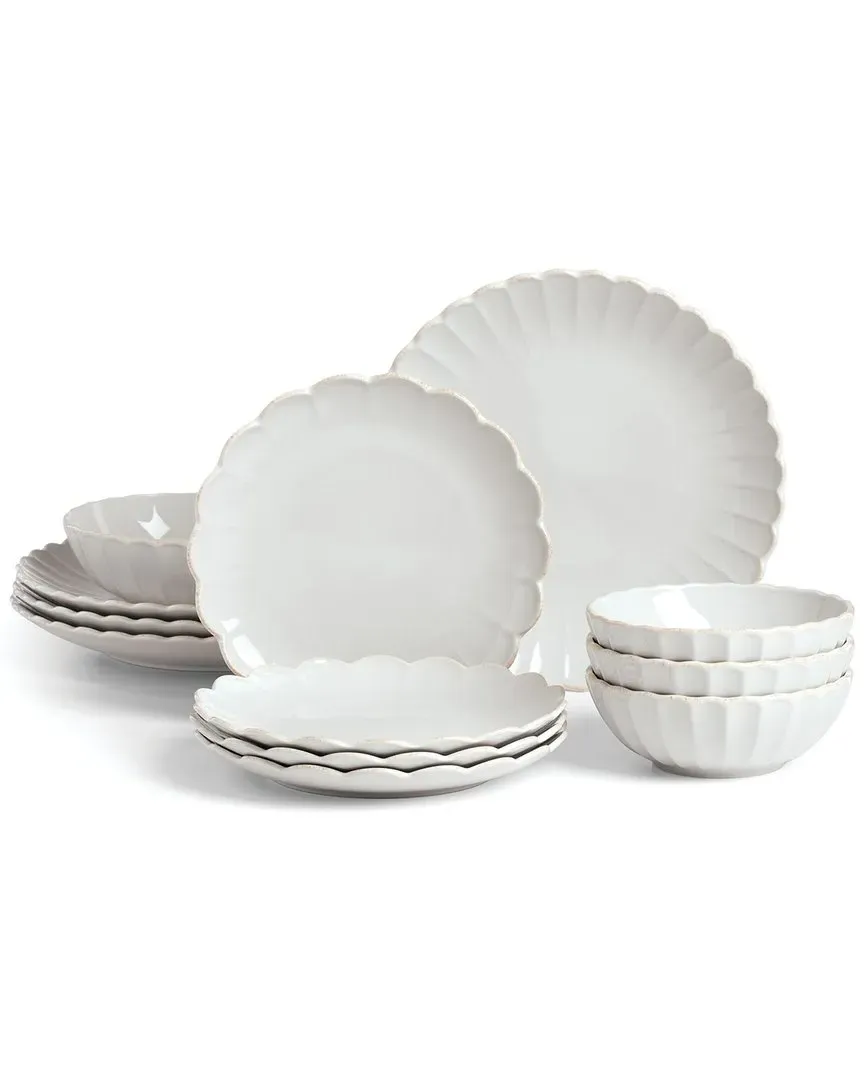 French Perle Scallop 12-Piece Dinnerware Set - White, Stoneware