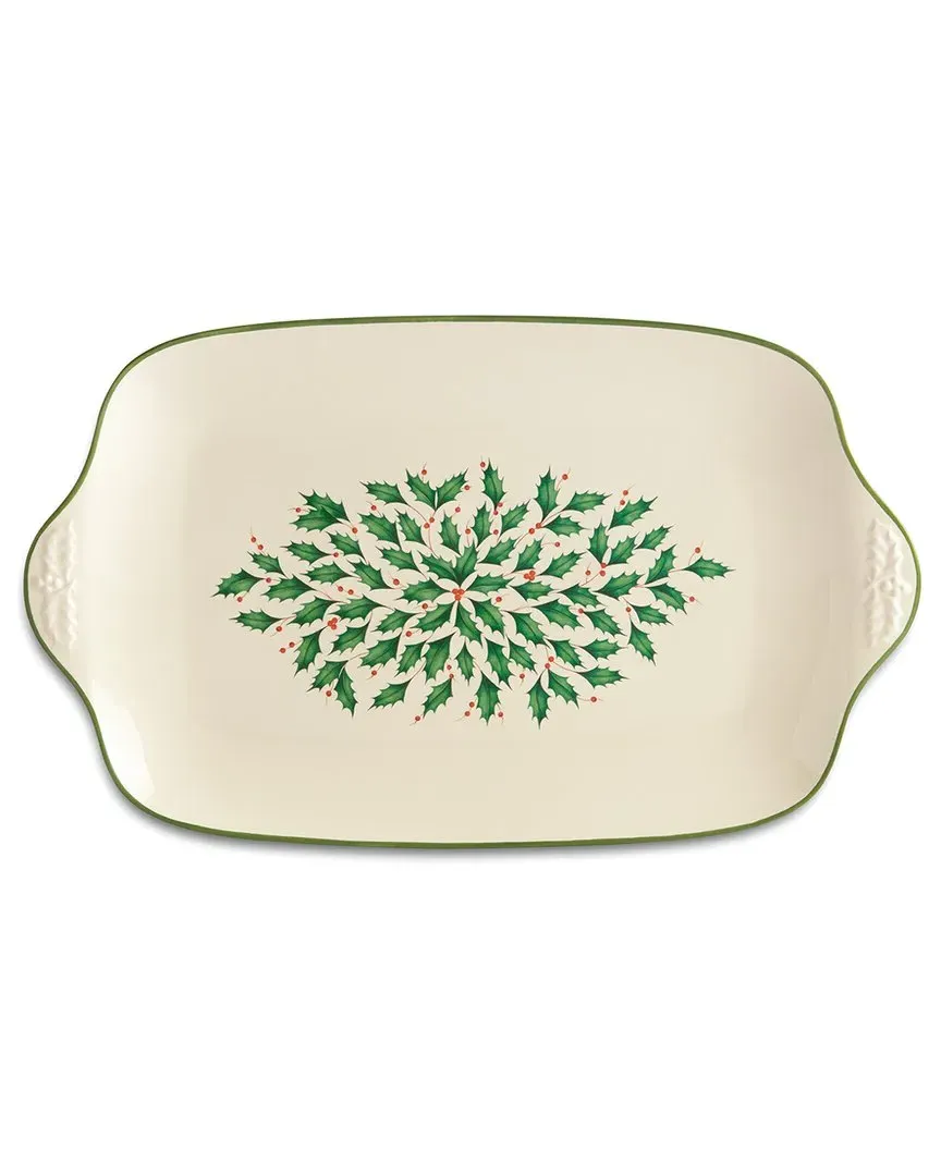 Large Serving Platter with Holly Design - White, Porcelain image