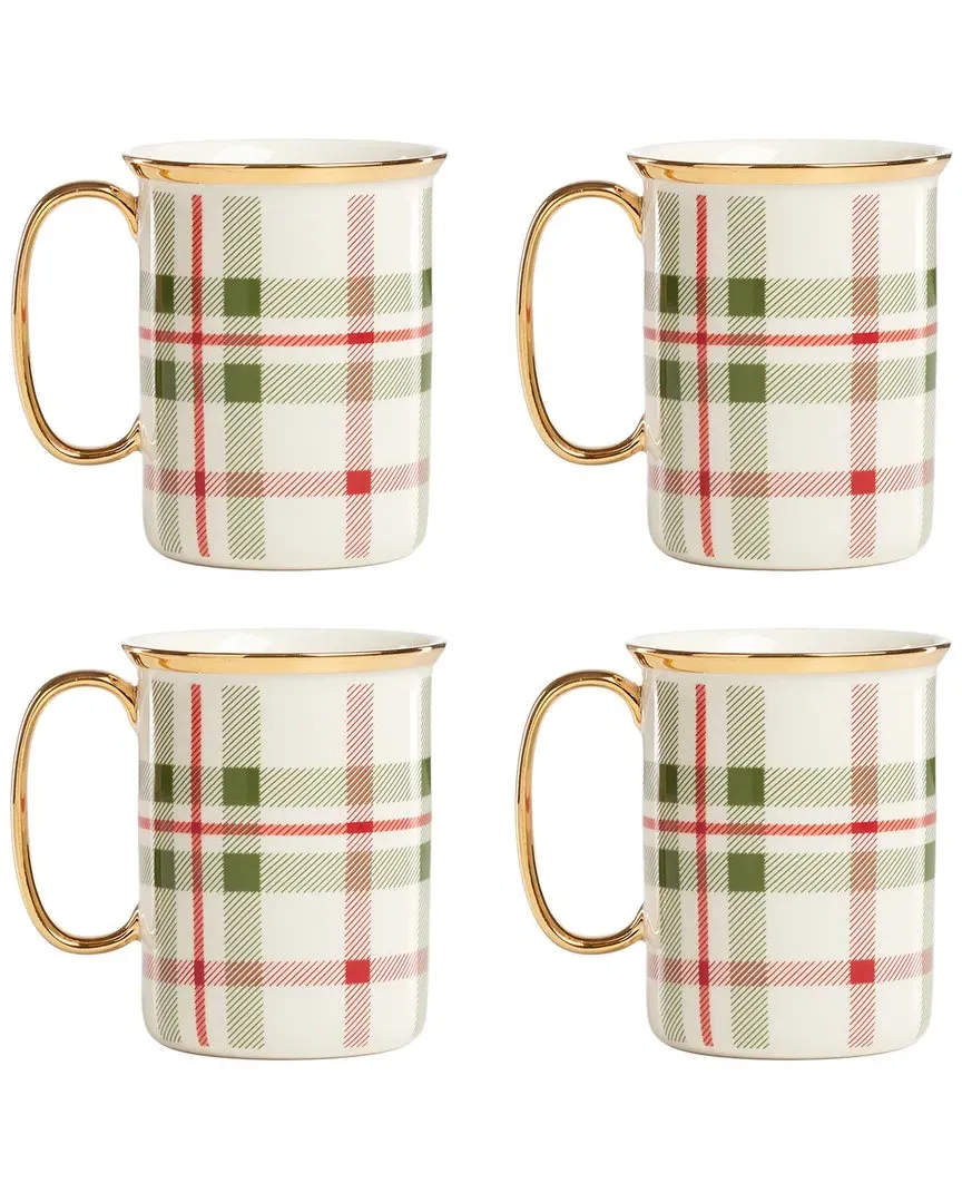 Set of 4 Holiday Plaid Mugs - White, Porcelain