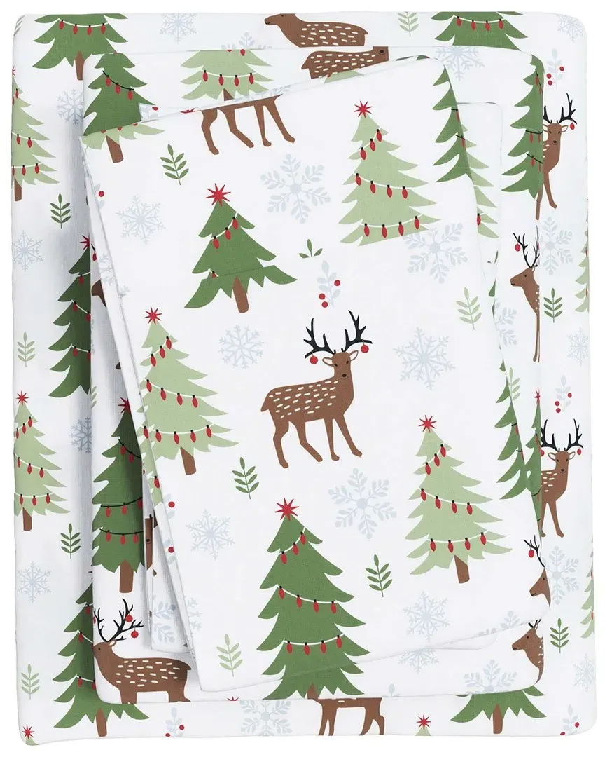 Holiday Flannel Sheet Set - Deer Trees Snow, Turkish Cotton