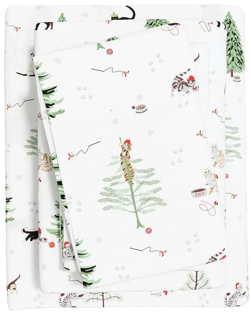 Holiday Flannel Sheet Set - Winter Cats, Turkish Cotton