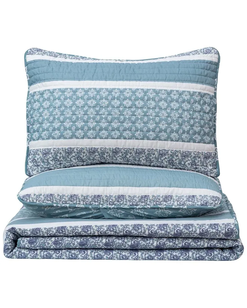 Stripe & Paisley Microfiber Quilt Set with Shams - Blue image