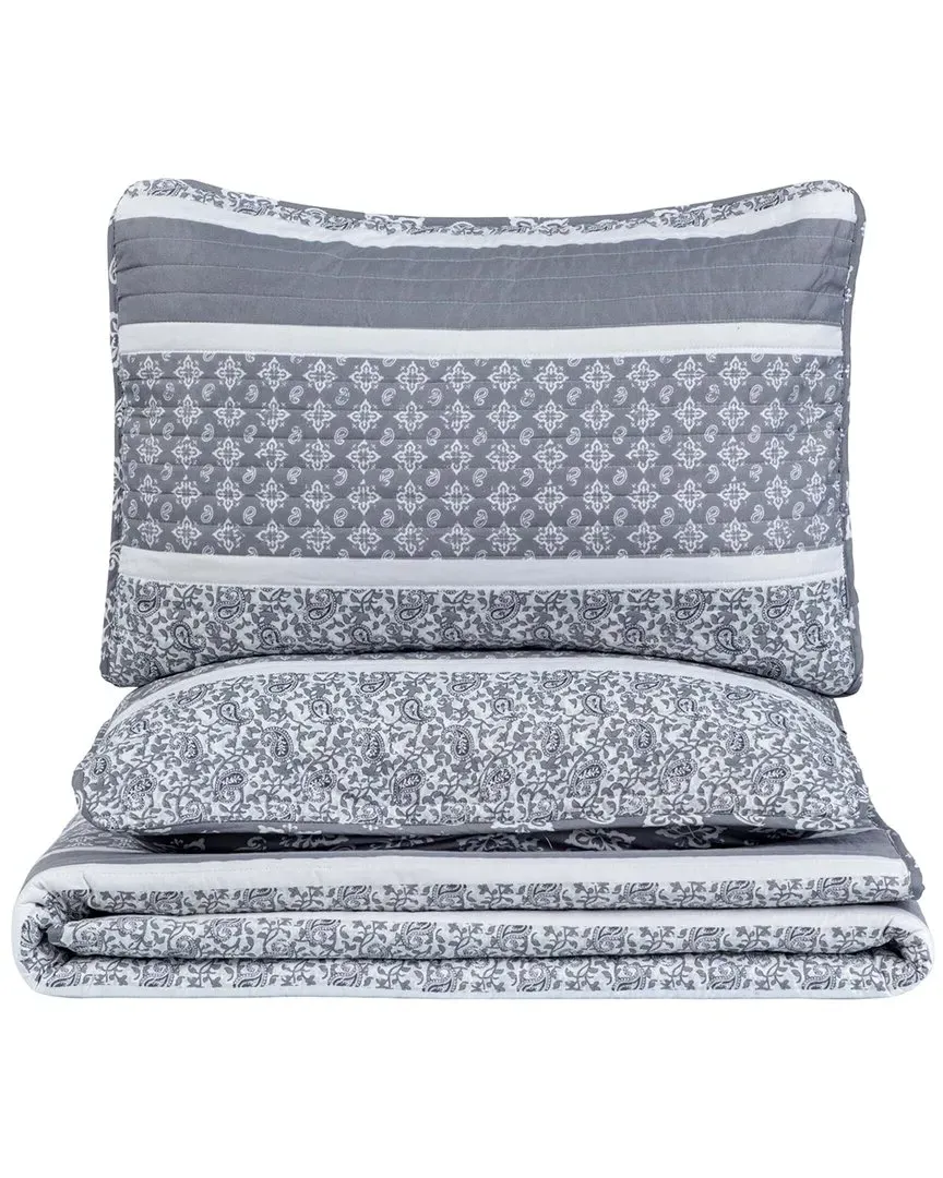 Stripe & Paisley Microfiber Quilt Set with Shams - Grey