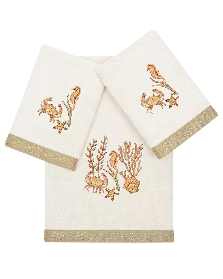 Aaron 3pc Embellished Bath & Hand Towel Set - Beige, Turkish Cotton
