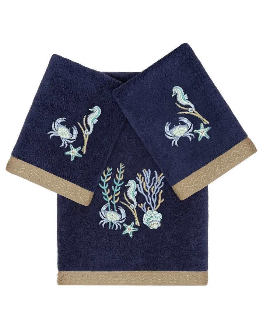 Aaron 3pc Embellished Bath & Hand Towel Set - Blue, Turkish Cotton