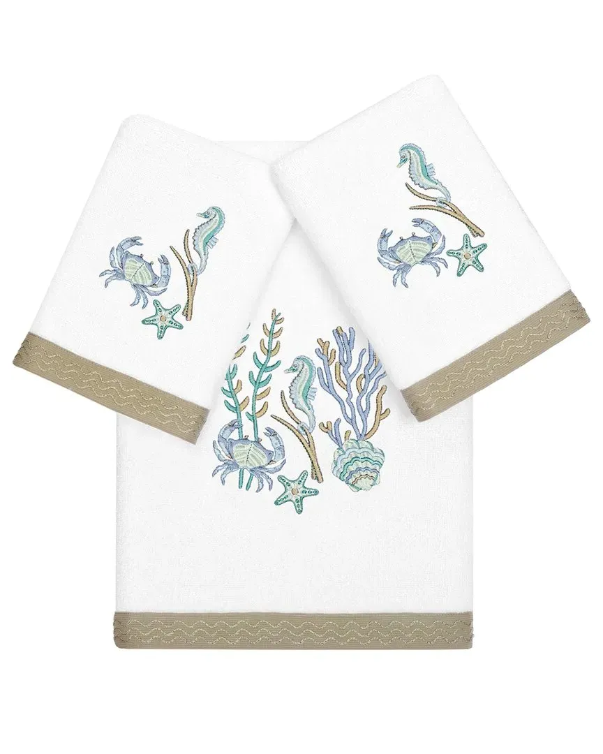 Aaron 3pc Embellished Bath & Hand Towel Set - White, Turkish Cotton