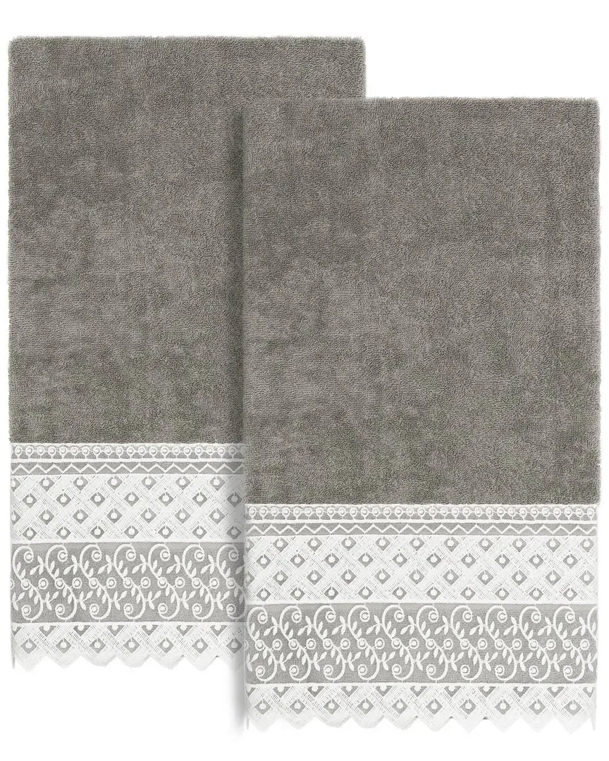 Aiden 2-Piece Lace Embellished Bath Towel Set - Gray, Turkish Cotton