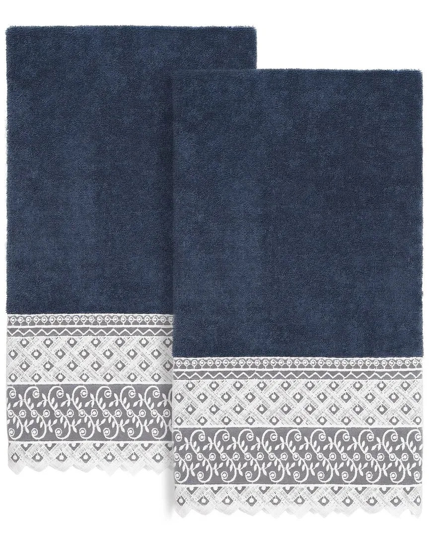 Aiden 2-Piece Lace Embellished Bath Towel Set - Navy, Turkish Cotton