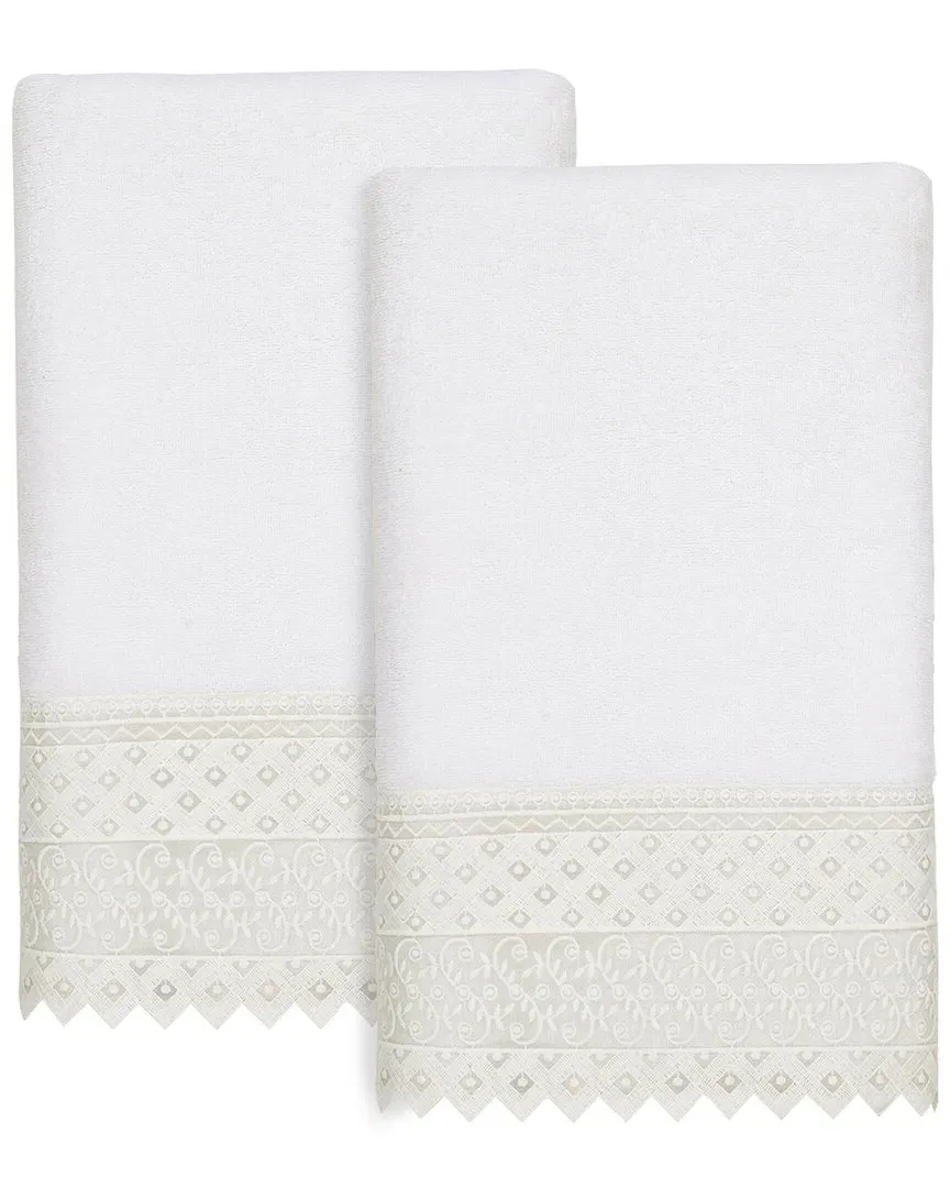 Aiden 2-Piece Lace Embellished Bath Towel Set - White, Turkish Cotton
