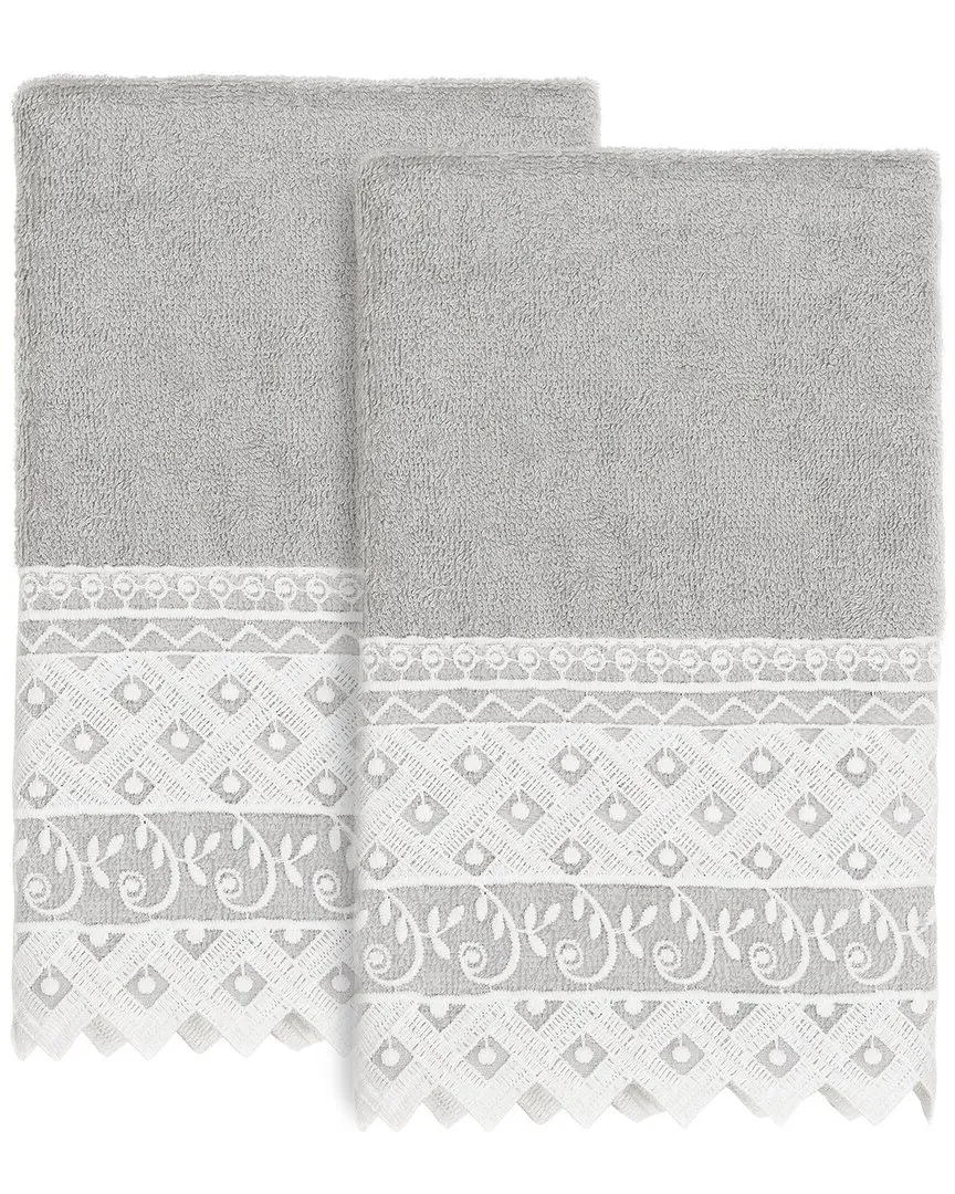 Aiden 2-Piece Lace Embellished Hand Towel Set - Gray, Turkish Cotton