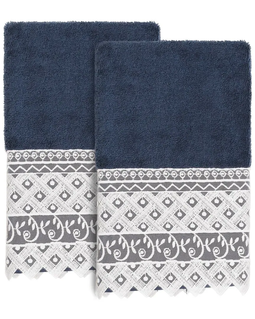 Aiden 2-Piece Lace Embellished Hand Towel Set - Navy, Turkish Cotton