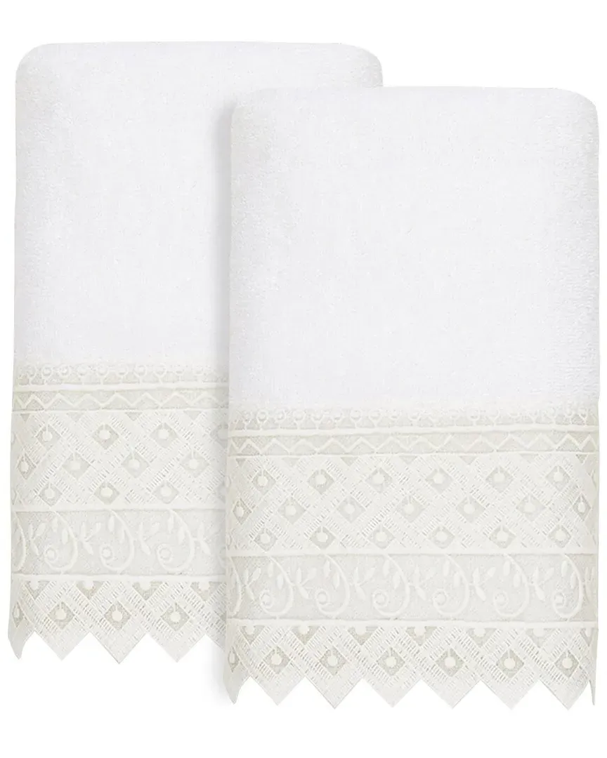Aiden 2-Piece Lace Embellished Hand Towel Set - White, Turkish Cotton