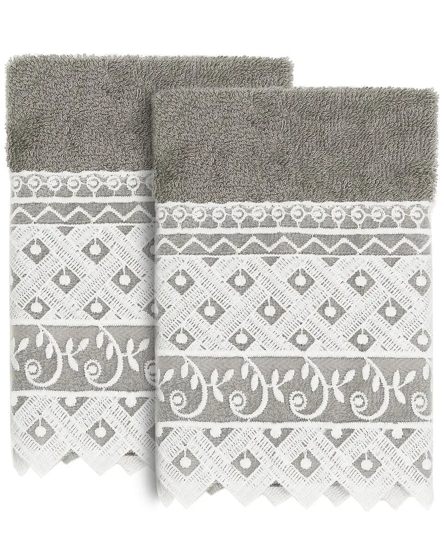 Aiden 2-Piece Lace Embellished Washcloth Set - Gray, Turkish Cotton