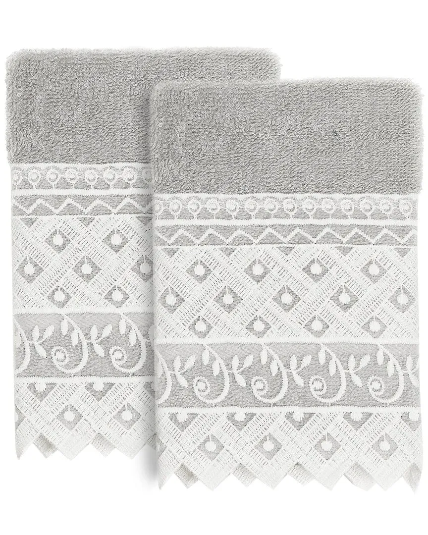 Aiden 2-Piece Lace Embellished Washcloth Set - Gray, Turkish Cotton