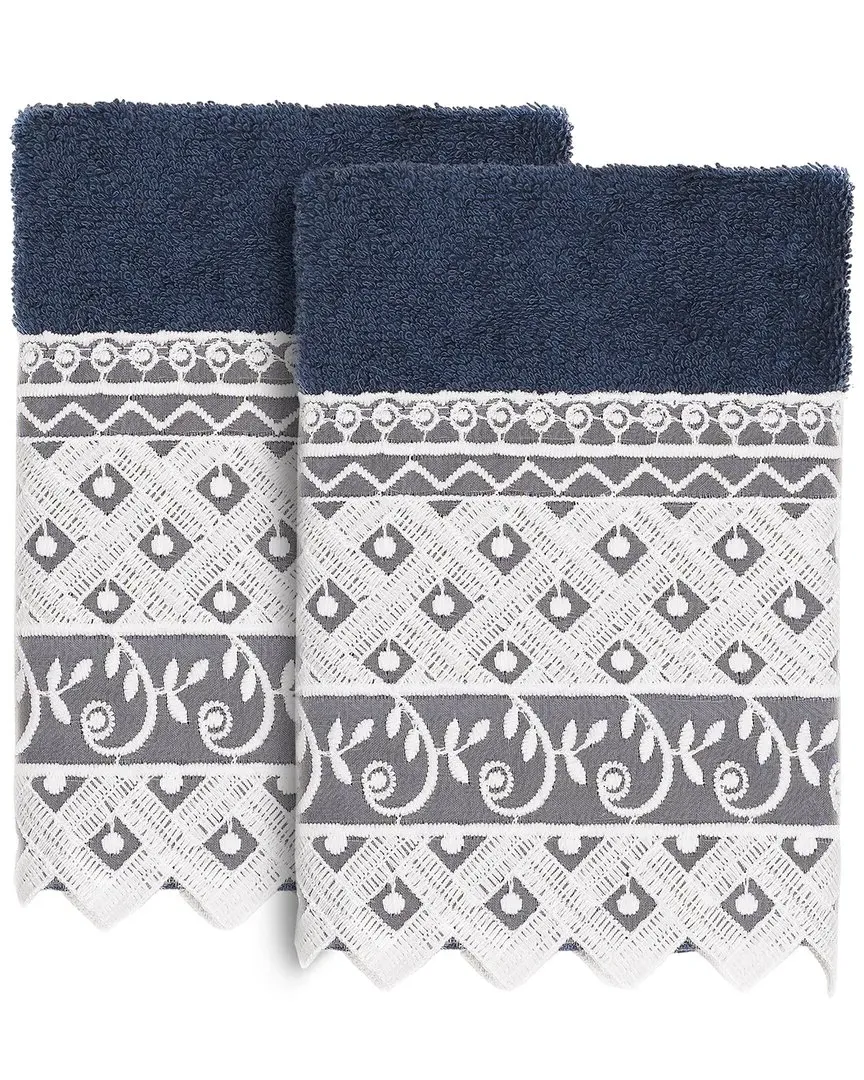 Aiden 2-Piece Lace Embellished Washcloth Set - Navy, Turkish Cotton