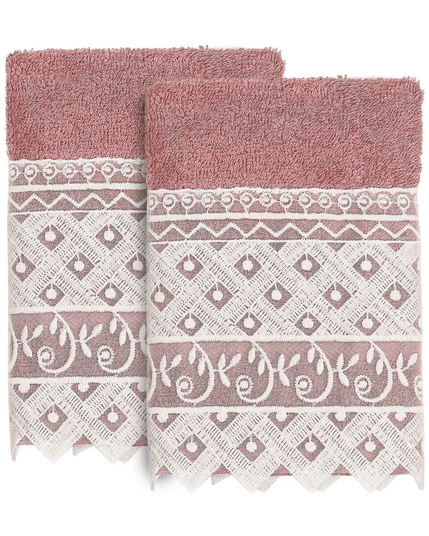 Aiden 2-Piece Lace Embellished Washcloth Set - Pink, Turkish Cotton