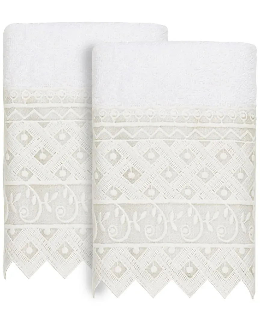 Aiden 2-Piece Lace Embellished Washcloth Set - White, Turkish Cotton