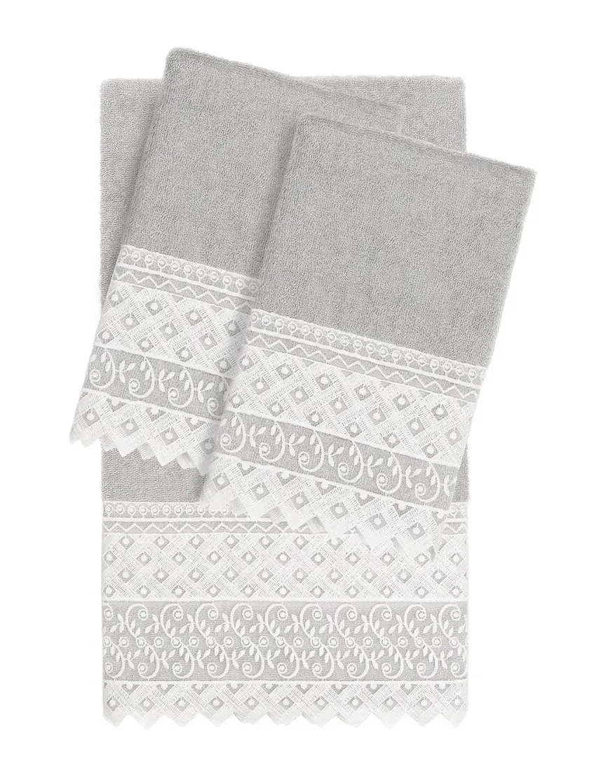 Aiden 3-Piece Lace Embellished Towel Set - Gray, Turkish Cotton