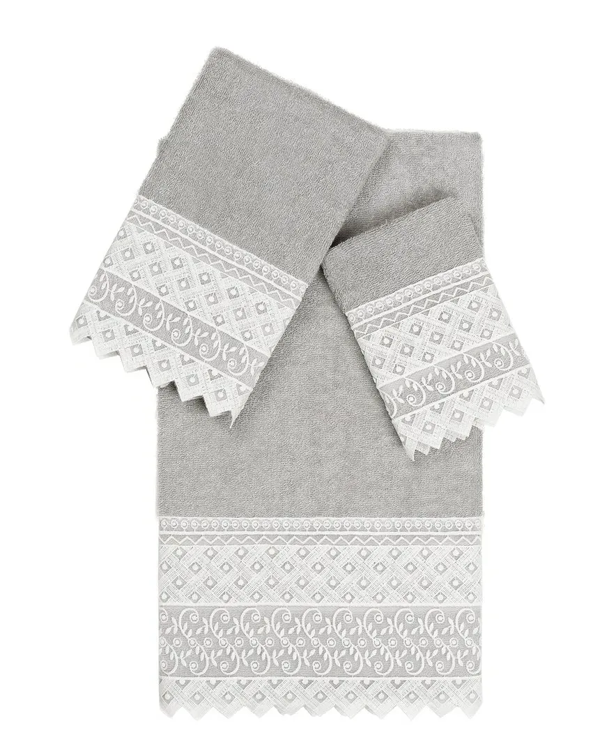 Aiden 3-Piece Lace Embellished Towel Set - Gray, Turkish Cotton