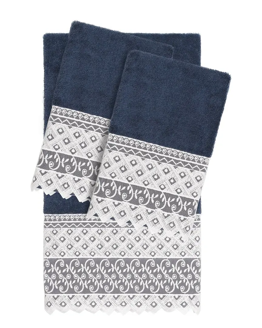 Aiden 3-Piece Lace Embellished Towel Set - Navy, Turkish Cotton
