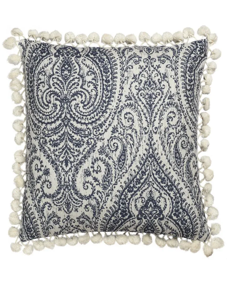 Anchor Damask Pillow Cover with Pompom Trim - Blue, Polyester image
