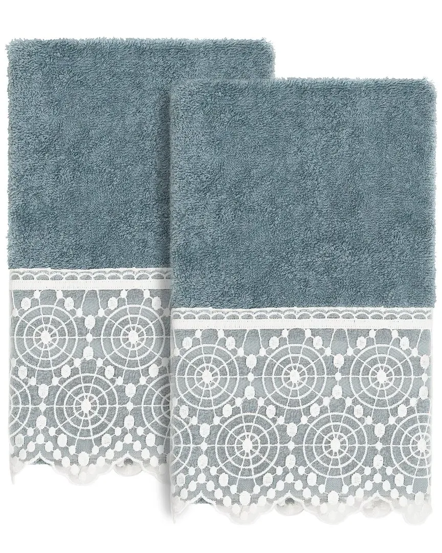 Arian 2Pc Lace Embellished Hand Towel Set - Teal, Turkish Cotton