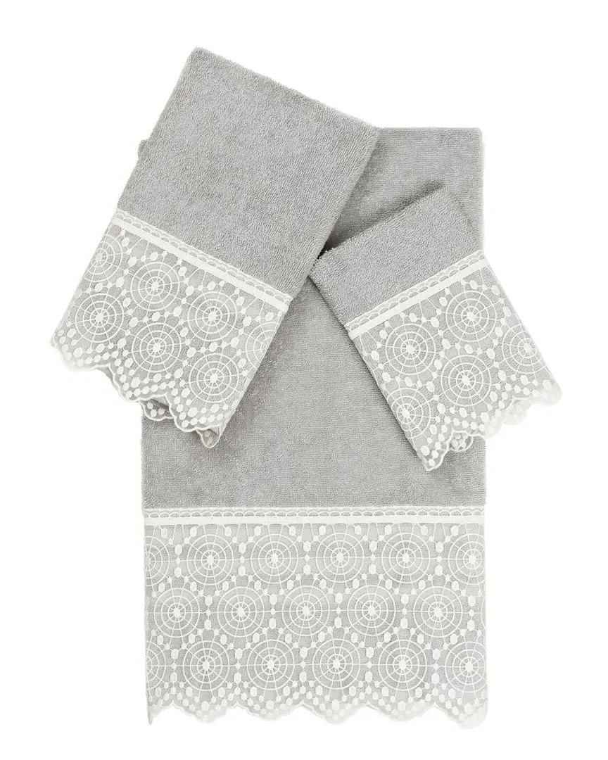 Arian 3Pc Lace Embellished Towel Set - Gray, Turkish Cotton