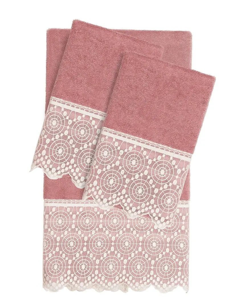 Arian 3Pc Lace Embellished Towel Set - Pink, Turkish Cotton