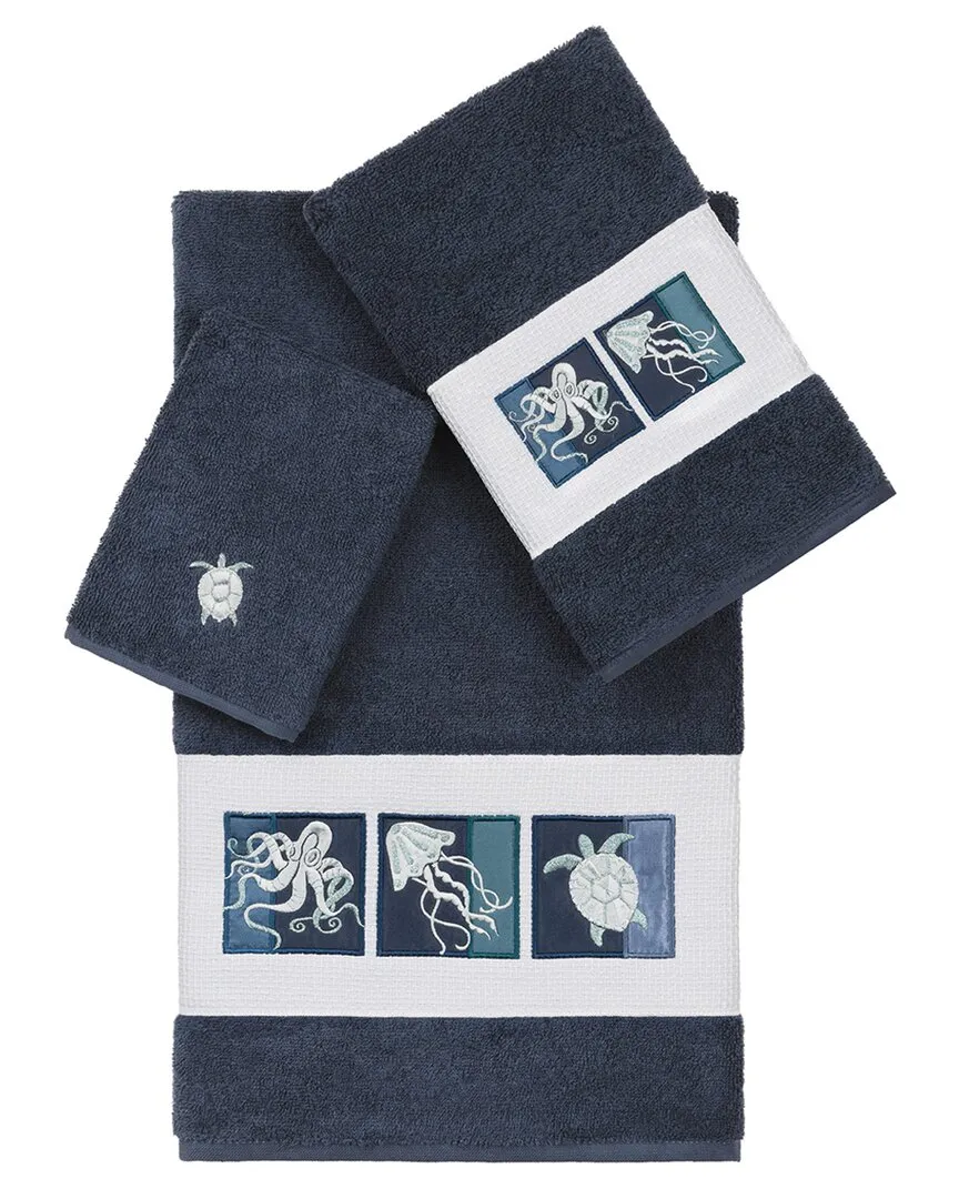 Ava 3-Piece Embellished Towel Set - Navy, Turkish Cotton