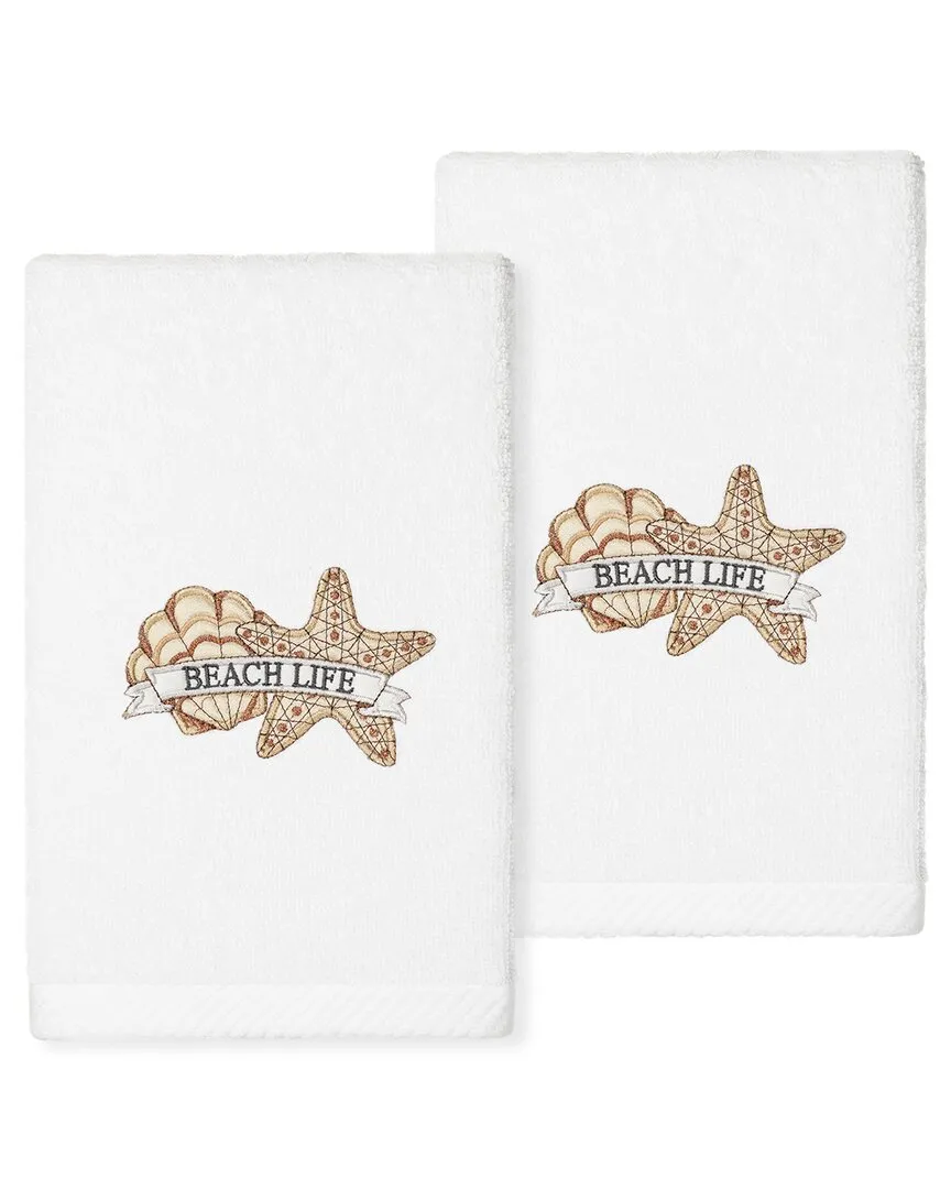 Beach Life Embroidered Hand Towels Set of 2 - White, Turkish Cotton