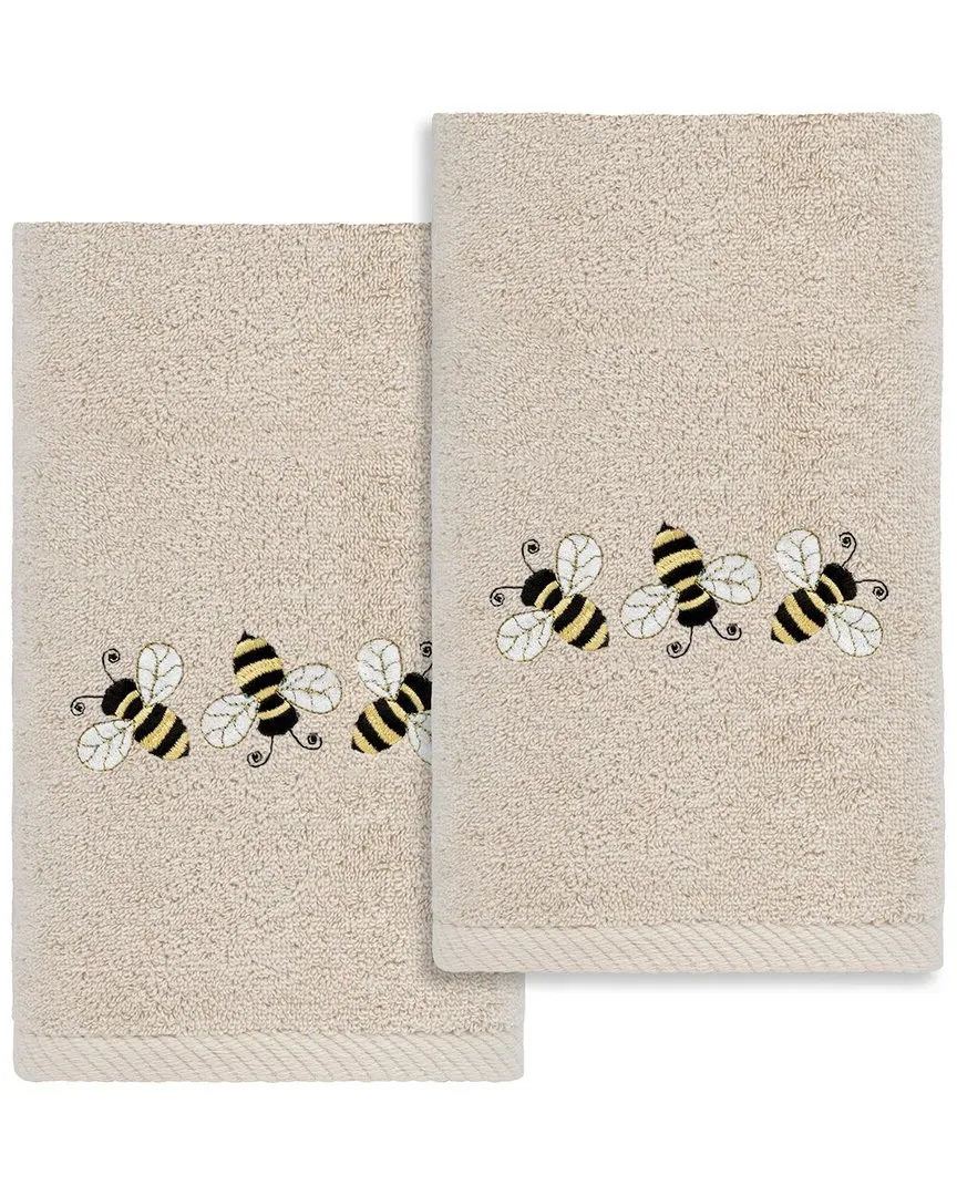 Bee Dance Embroidered Hand Towels Set of 2 - Sand, Turkish Cotton