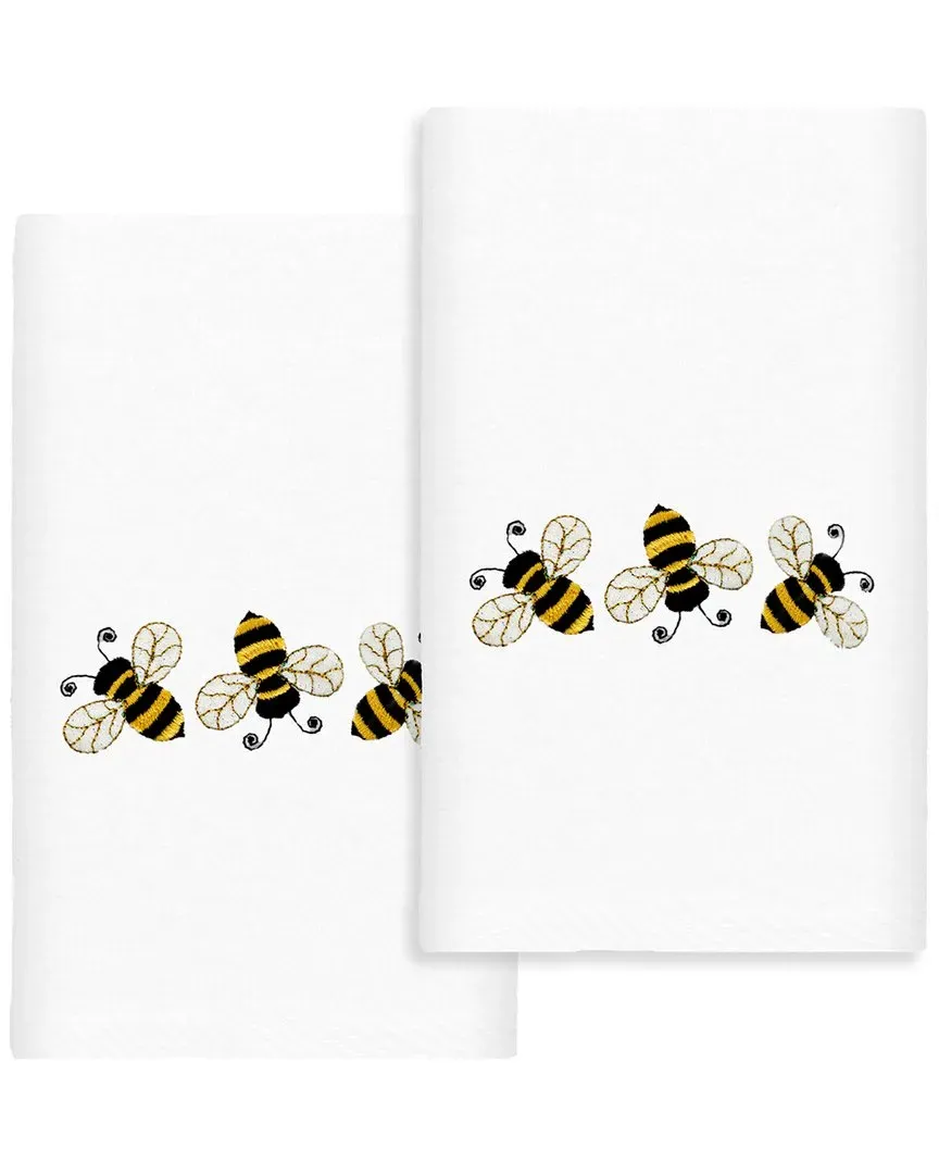 Bee Dance Embroidered Hand Towels Set of 2 - White, Turkish Cotton