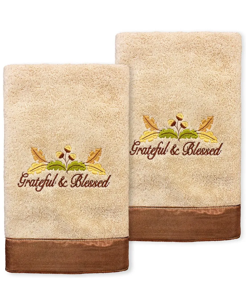 Blessed Embroidered Turkish Cotton Hand Towels Set of 2 - Sand