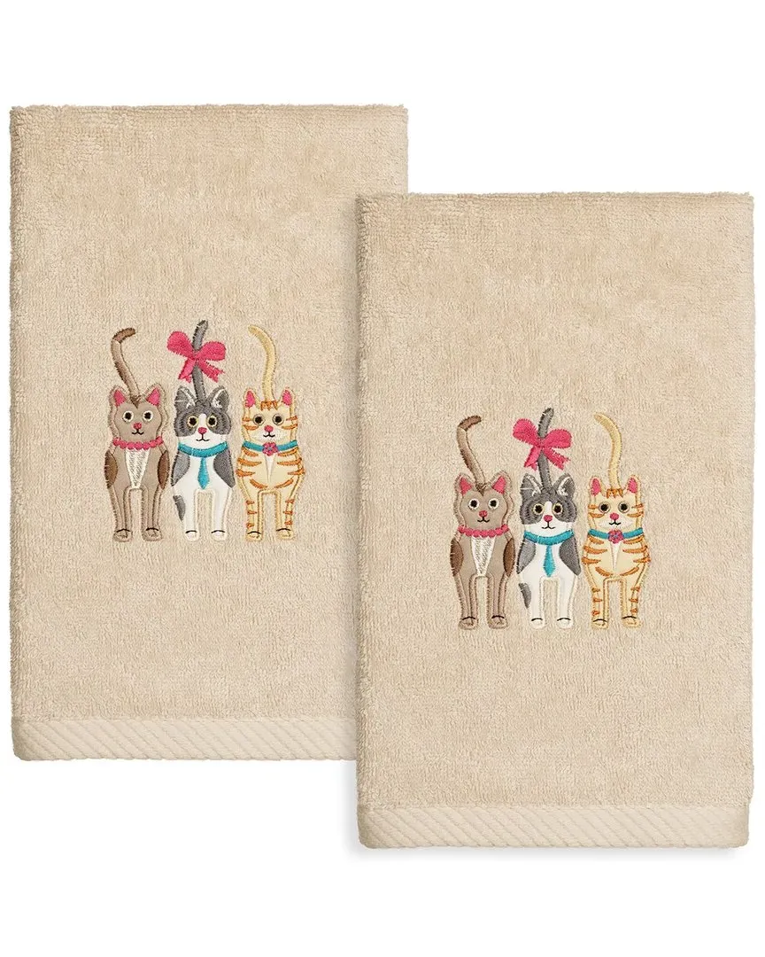 Cats Embroidered Hand Towels Set of 2 - Sand, Turkish Cotton image