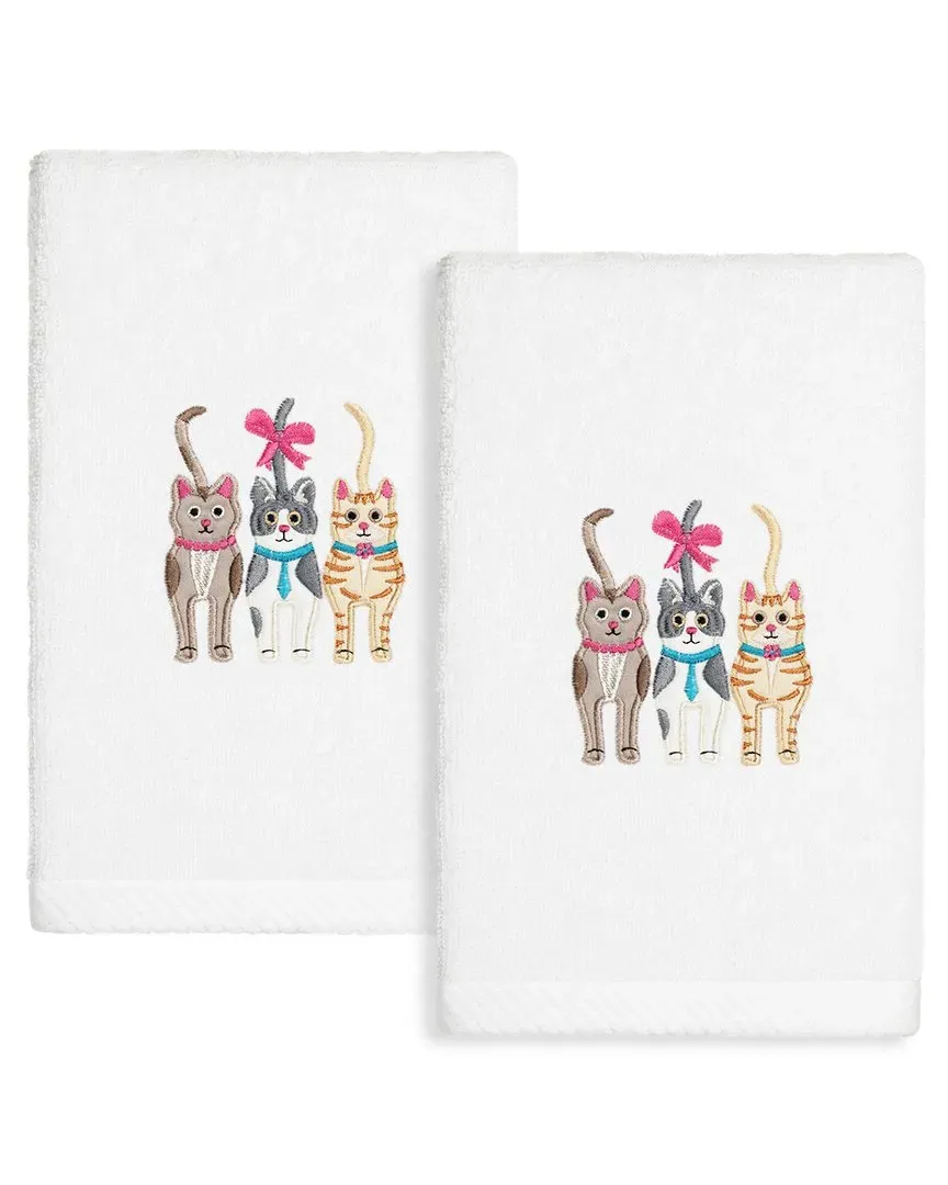 Cats Embroidered Hand Towels Set of 2 - White, Turkish Cotton