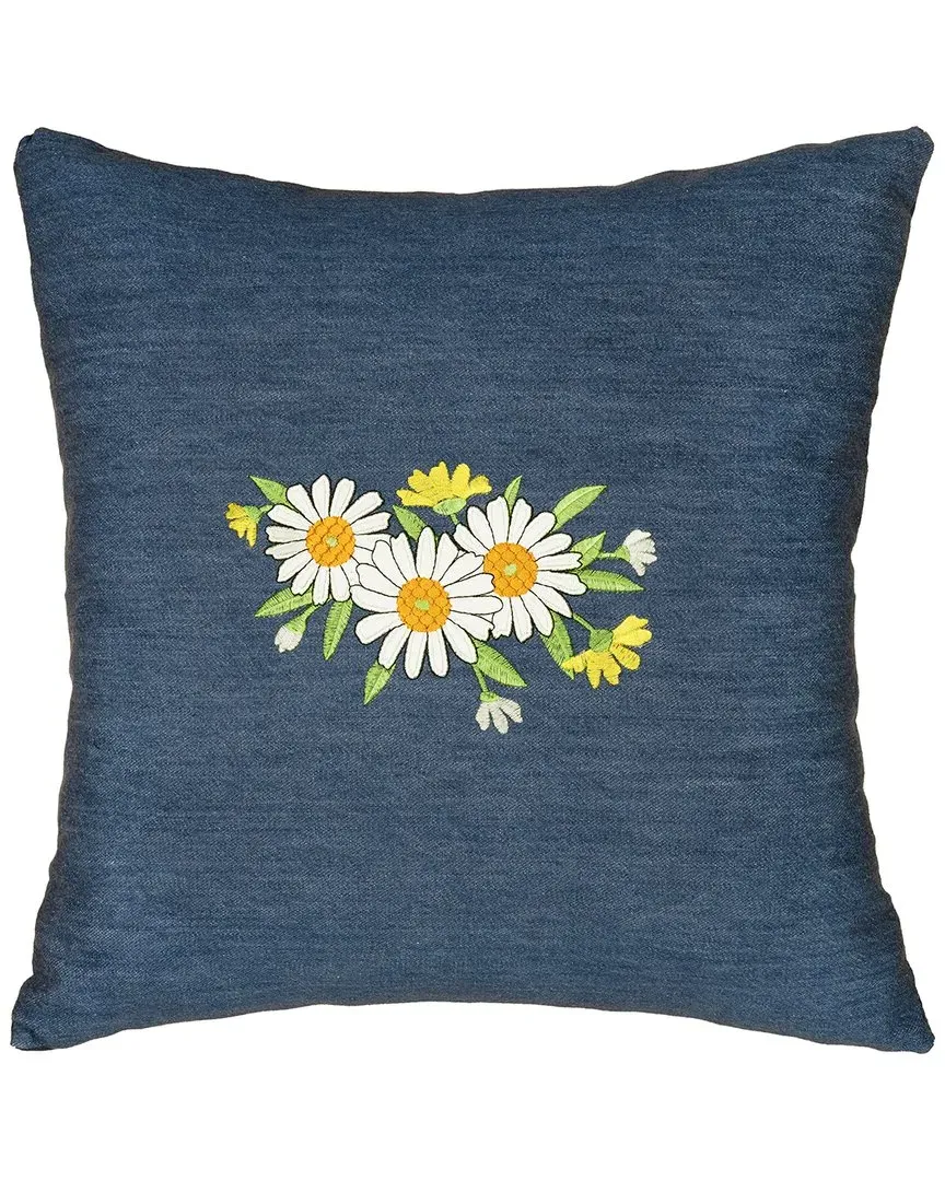 Daisy Pillow Cover with Floral Embroidery - Denim, Cotton