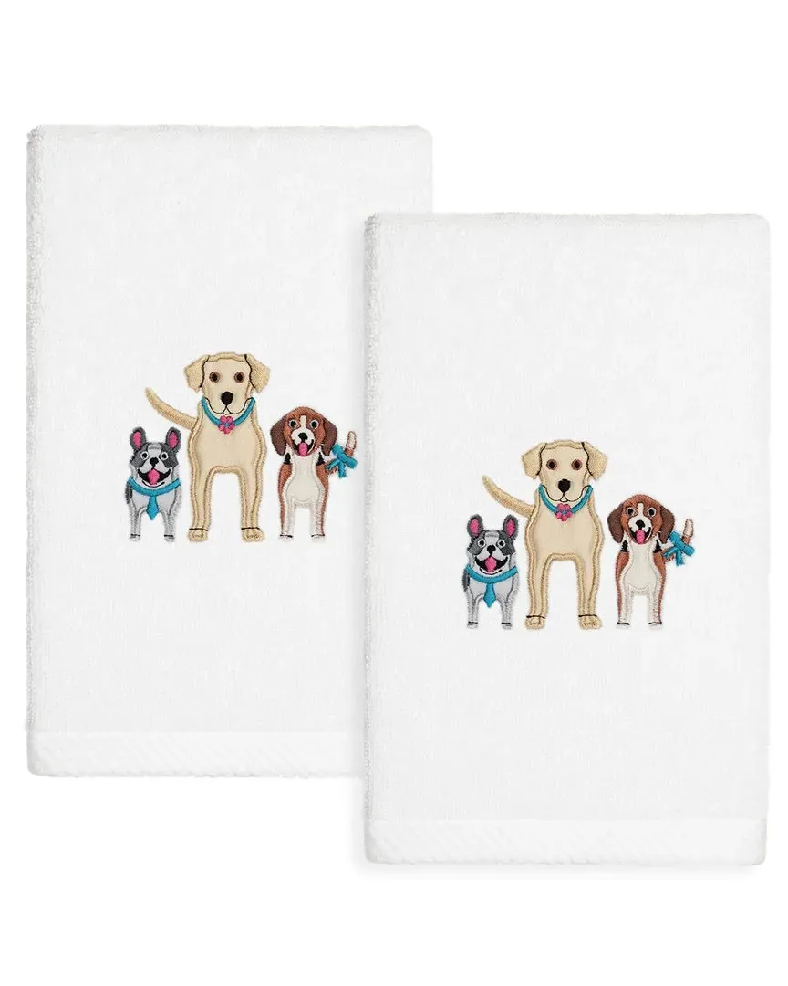 Dogs Embroidered Hand Towels Set of 2 - White, Turkish Cotton