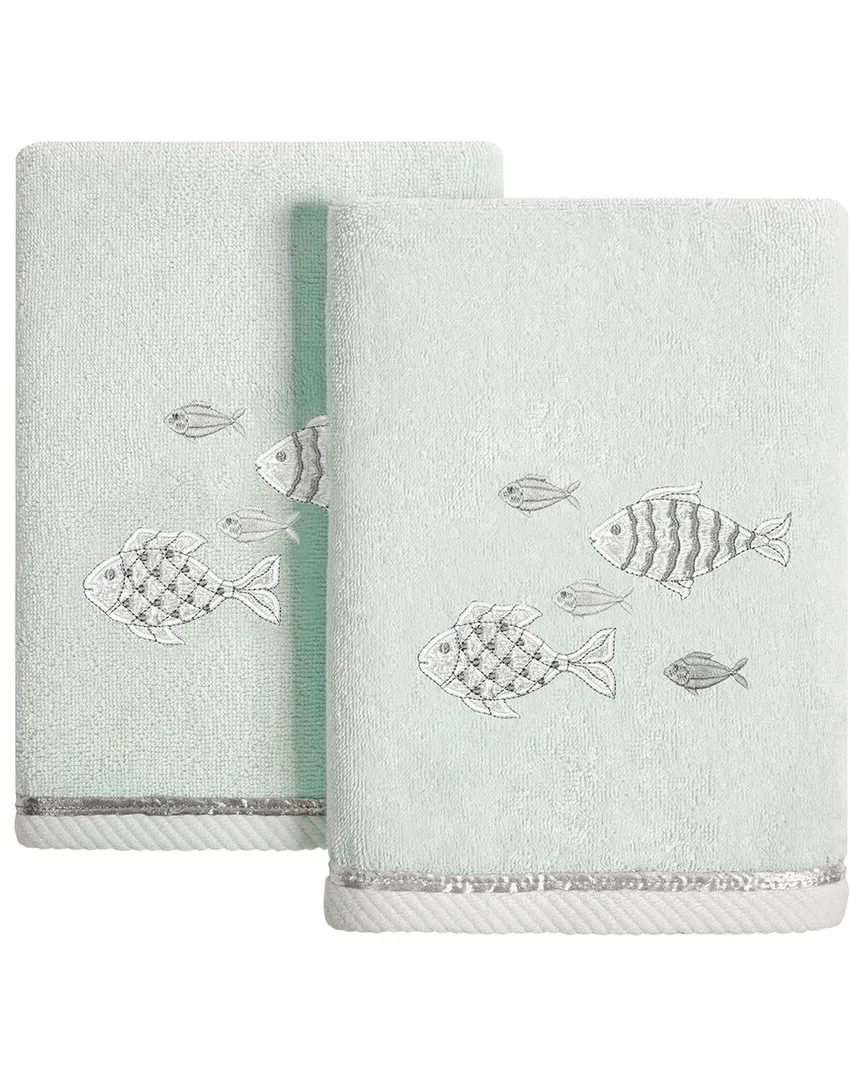 Figi 2pc Hand Towel Set with Embroidered Fish - Aqua, Cotton image