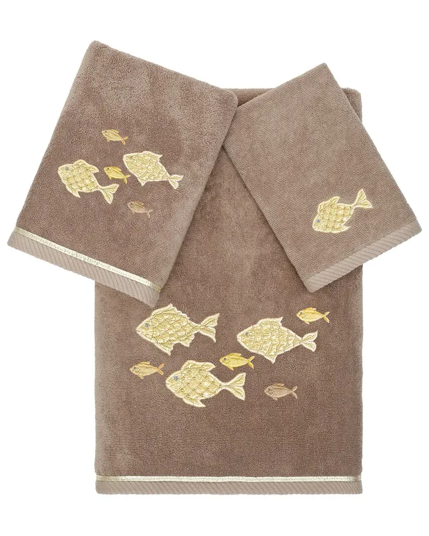 Figi 3-Piece Embroidered Towel Set - Brown, Turkish Cotton