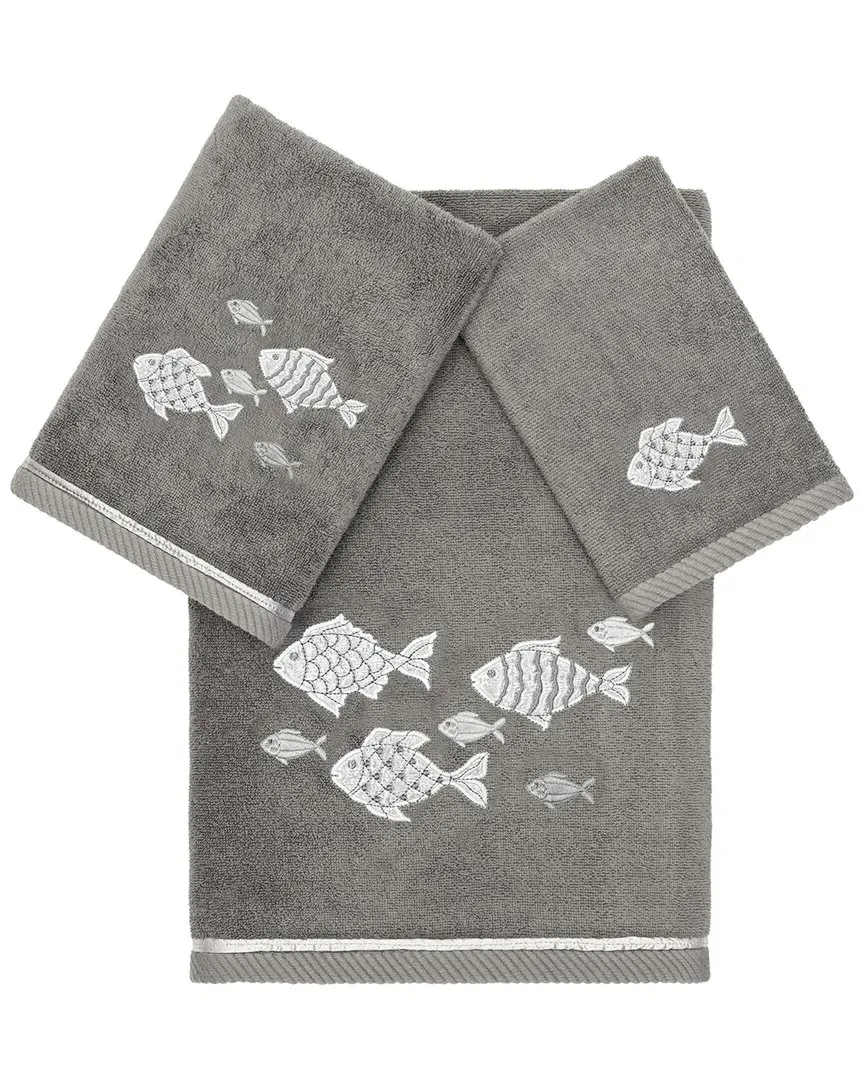 Figi 3-Piece Embroidered Towel Set - Charcoal, Turkish Cotton