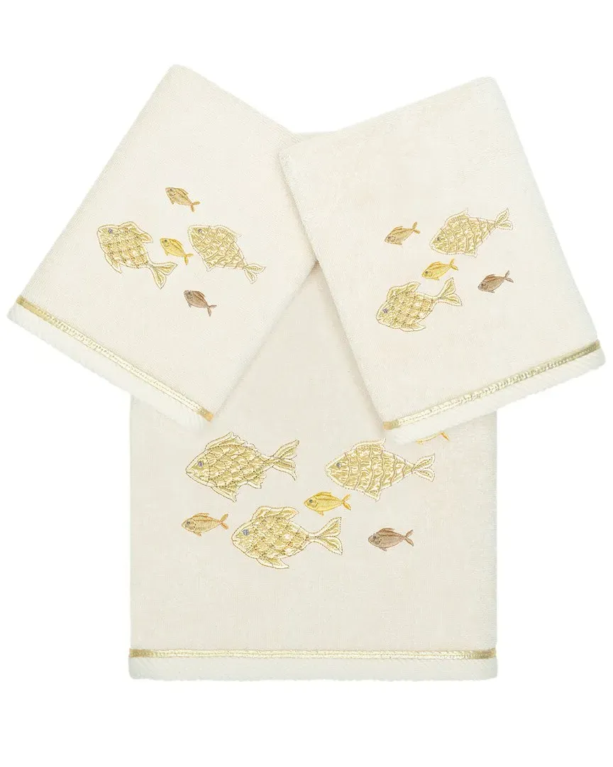 Figi 3pc Embellished Bath & Hand Towel Set - Beige, Turkish Cotton