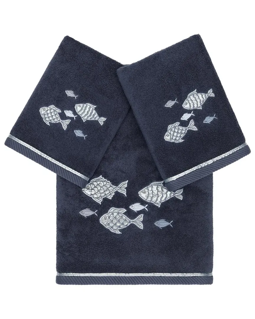 Figi 3pc Embellished Bath & Hand Towel Set - Blue, Turkish Cotton