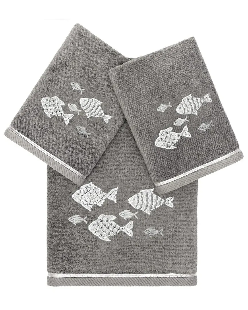 Figi 3pc Embellished Bath & Hand Towel Set - Charcoal, Turkish Cotton