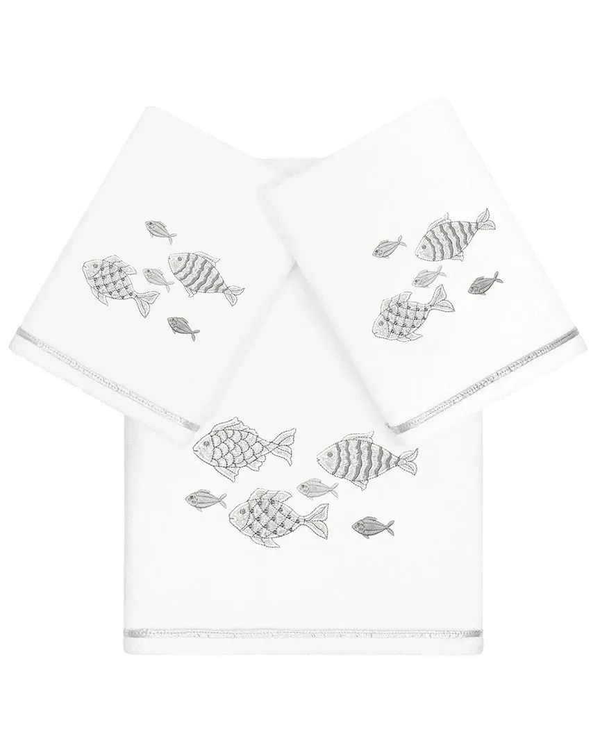 Figi 3pc Embellished Bath & Hand Towel Set - White, Turkish Cotton