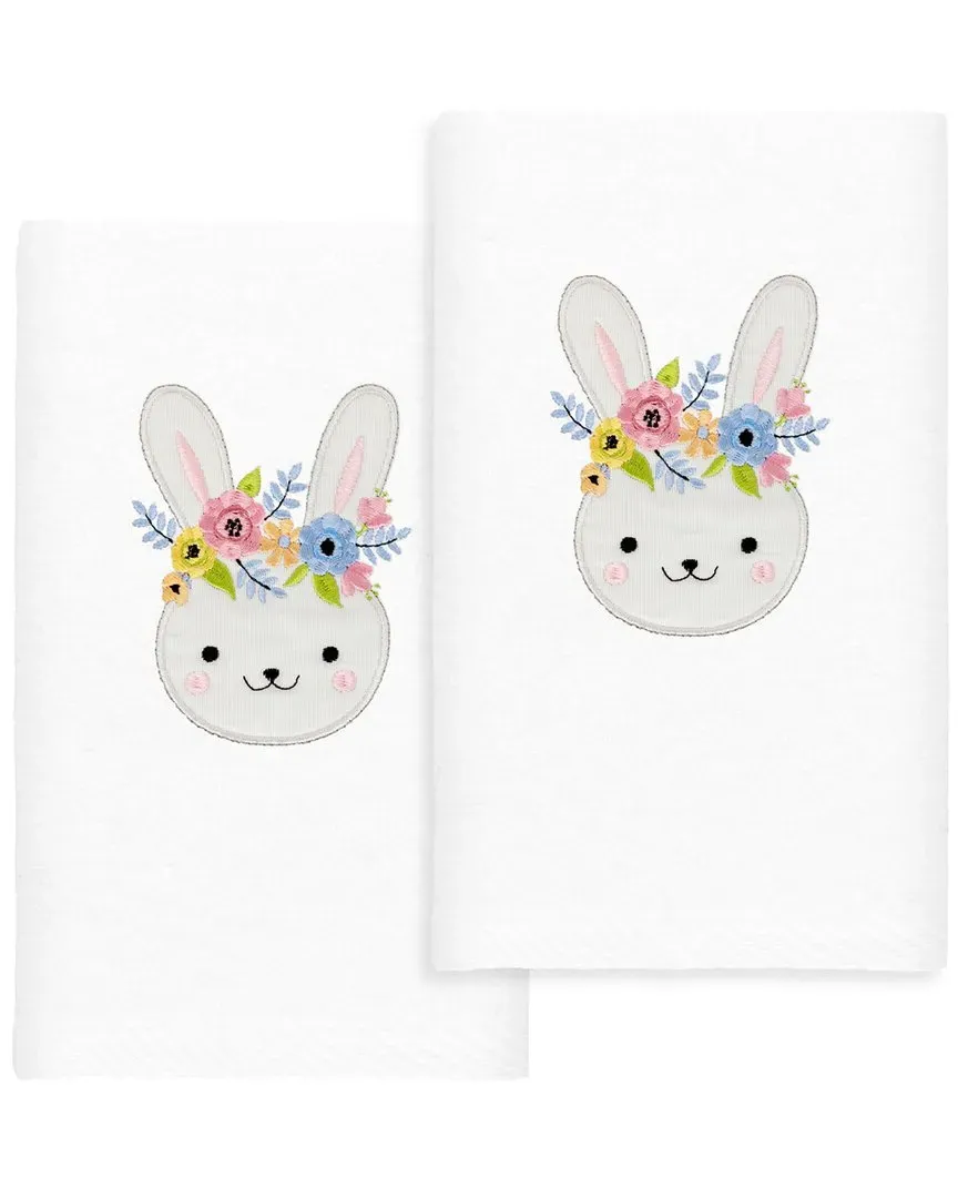 Flower Crown Embroidered Hand Towels Set of 2 - White, Cotton