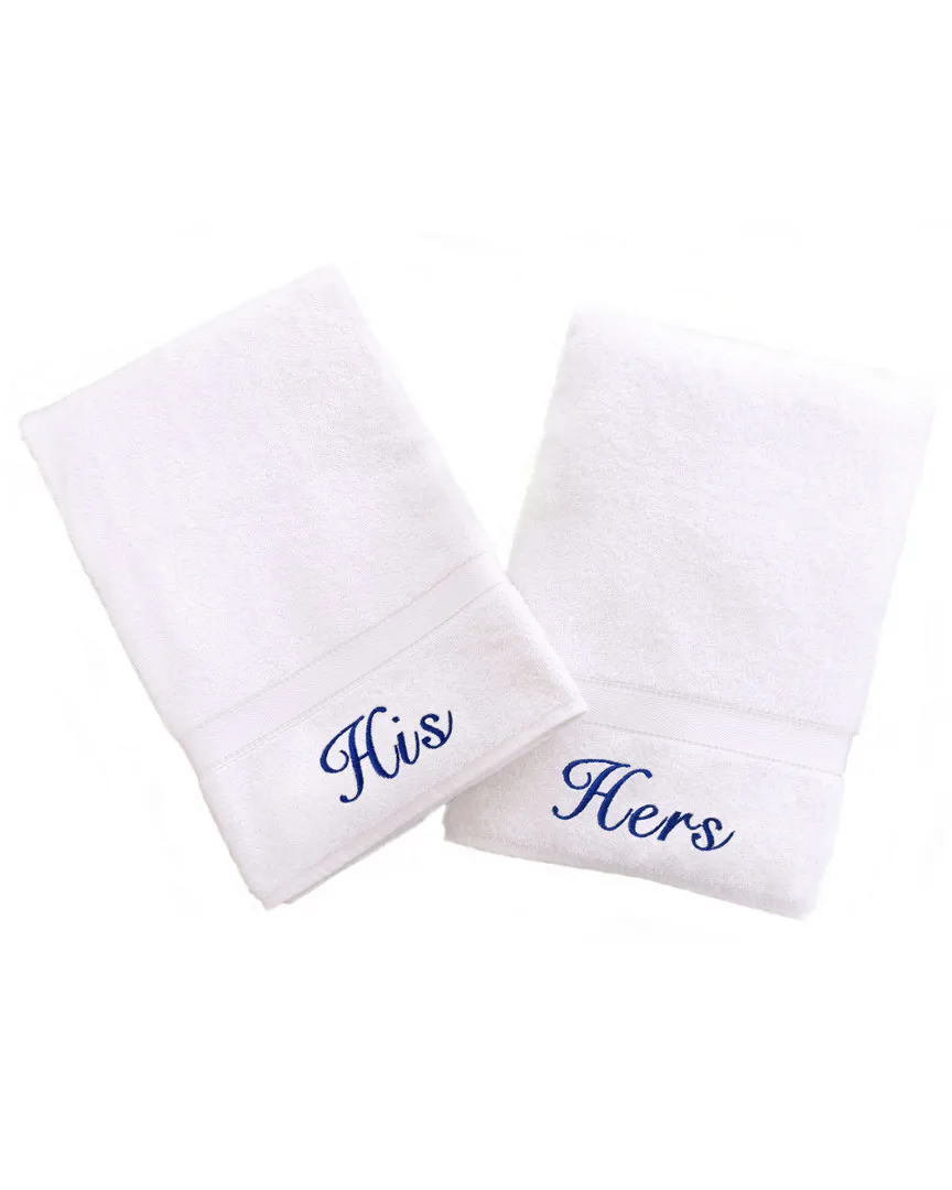 His And Hers 2Pc Hand Towel Set - White, Turkish Cotton