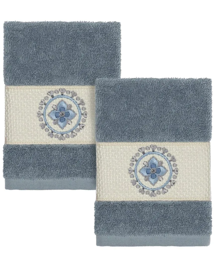 Isabelle 2pc Embellished Washcloth Set - Teal, Turkish Cotton